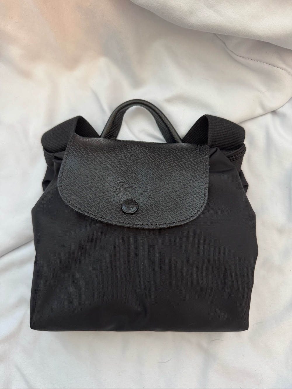 Longchamp Black Mini Le Pliage Backpack with Leather Flap